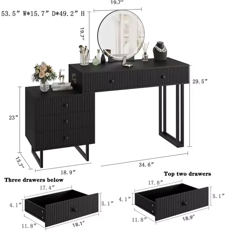 Makeup Vanity Desk with LED Mirror & 5 Drawers – 3 Color Lights, White