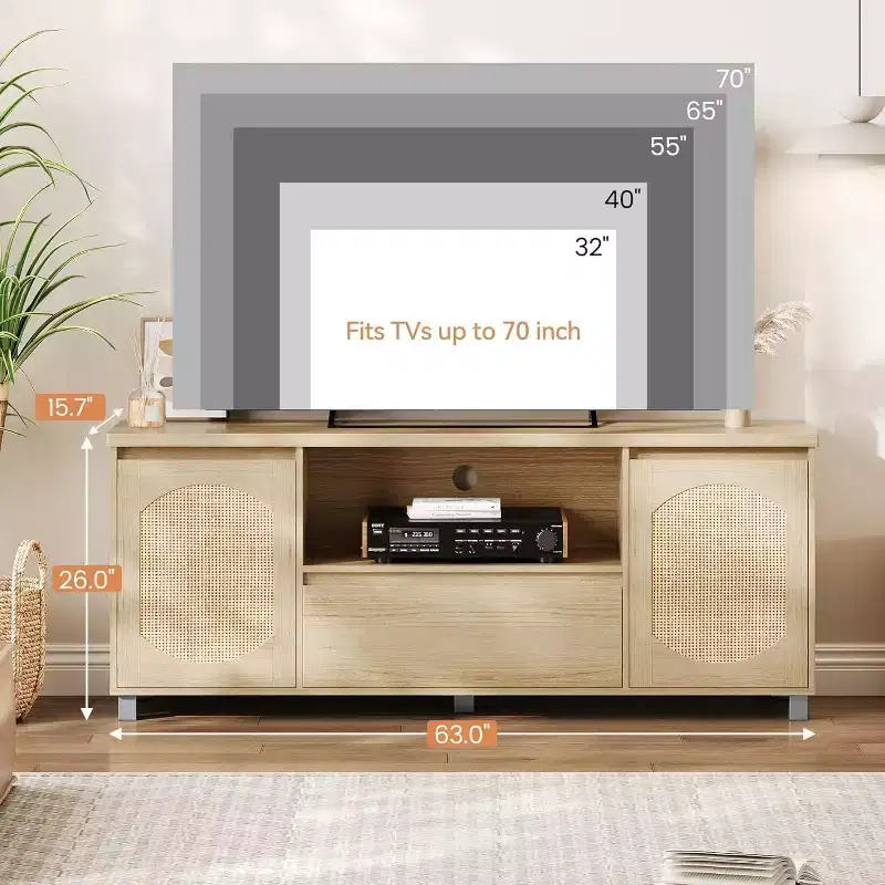 Boho Rattan TV Stand (Fits 70 TVs) with Adjustable Shelf & Drawer, Oak Finish Media Console for Living Room & Bedroom