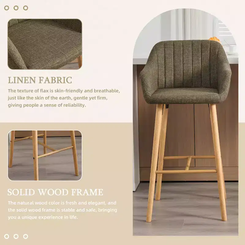 Zeus & Ruta Modern Linen Upholstery Bar Stools Set of 2 with Back, Armrest & Wood Legs, Kitchen Island Height