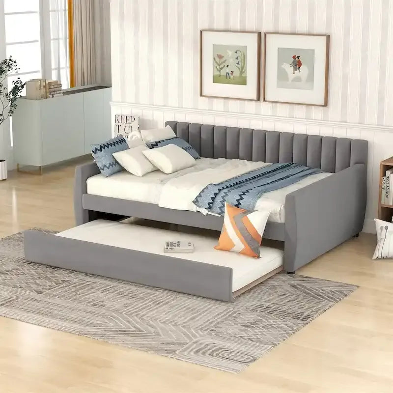 Grey / Beige Upholstered Daybed with 2 Drawers – Twin / Full, 1–2 Person