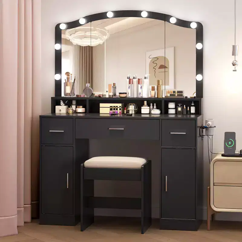 Black Makeup Vanity Desk with Stool, Dressing Table with 3 Drawers, 2 Cabinets & Long Shelf, Bedroom Storage Organizer for Women & Girls