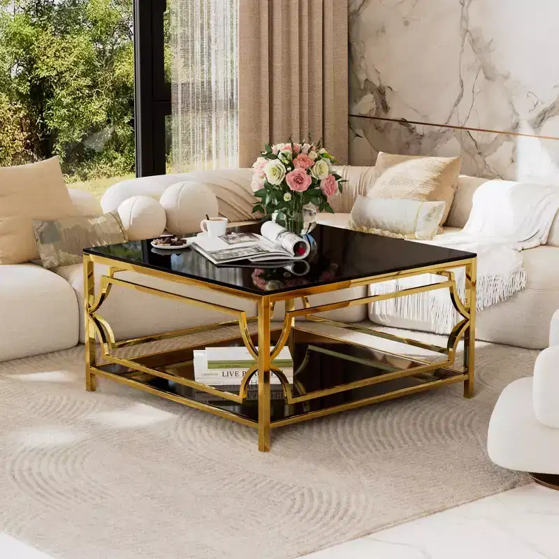 Square Glass Coffee Table with Lower Shelf