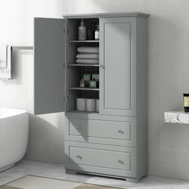 Tall Bathroom Floor Storage Cabinet with 2 Doors and 2 Drawers