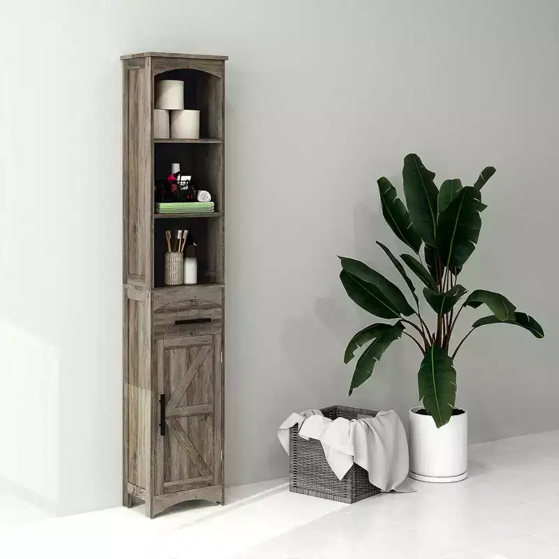 HOMCOM Farmhouse Narrow Bathroom Storage Cabinet with Recessed Drawer, Tall Slim Storage Cabinet with Barn Door