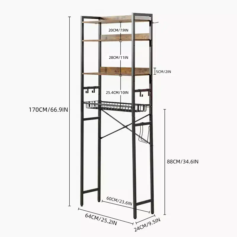 4-Tier Over-The-Toilet Storage Shelf, Freestanding Bathroom Organizer with Adjustable Shelf & Basket, Space-Saving Rack Above Toilet, Brown