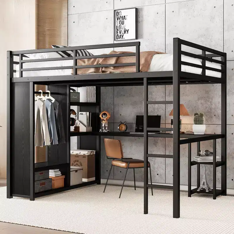 Queen Size Metal Loft Bed with Desk and Wardrobe, Storage Shelves and Guardrails, Black