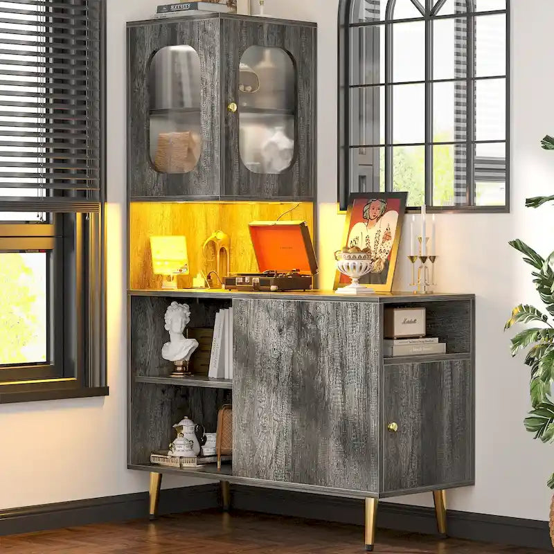 Reversible Corner Storage Cabinet with LED Lights and Power Outlets and Doors,Bed Side Table,Sofa Side Table