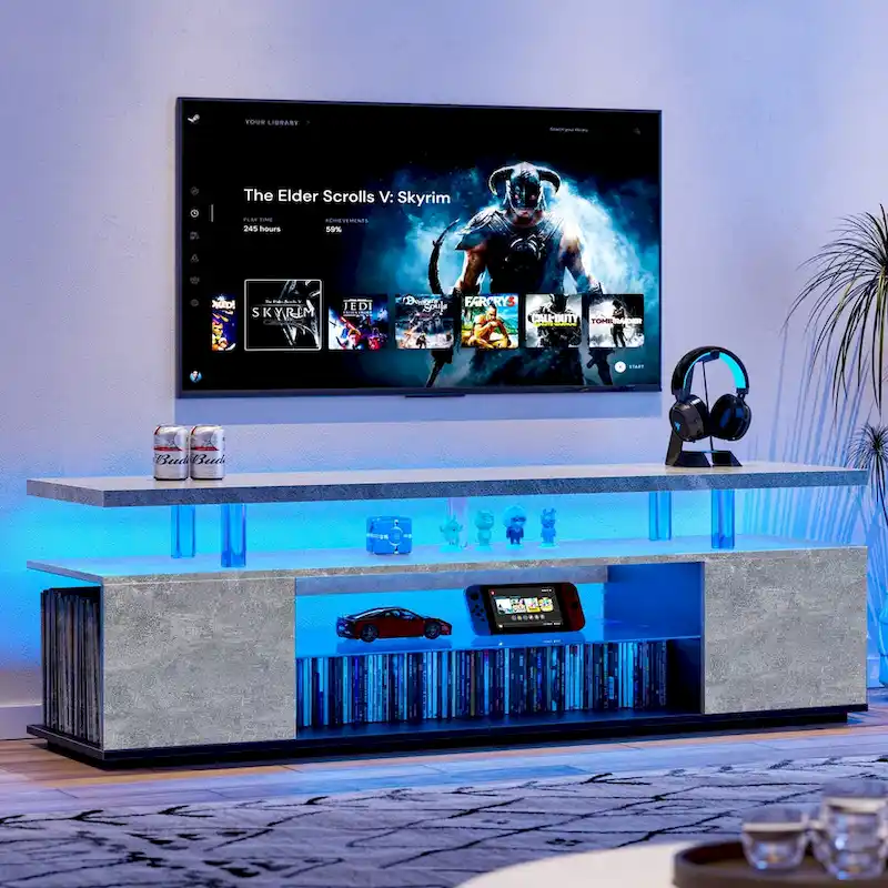 Center Media Storage Console Table with Large Side Cabinet for Living Room - 63.00L * 16W * 21H