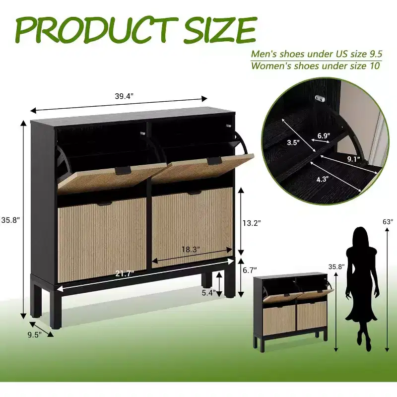 Shoe Cabinet with 4 Flip Drawers, Wooden Shoe Storage Cabinet, Freestanding Shoe Organizer with Adjustable Shelves for Entryway, Hallway