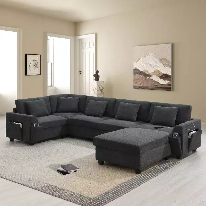 GDFStudio Ira Modern 128 Chenille U-Shaped Sectional Sofa with Ottoman, Hidden Storage and Dual Charging Ports