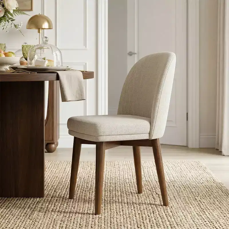 Mid-Century Round Dining Table Set for 4, Walnut Veneer Top with Solid Wood Cross-Leg Base and Linen Chairs with Solid Wood Legs-Panipeachy