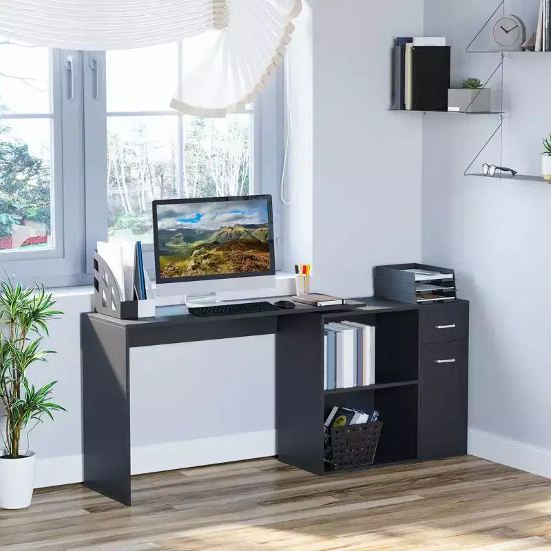 L Shaped Computer Desk, 180Degree Rotating Corner Desk with Storage Shelves, Drawer and Cabinet, Study Workstation for Home Office