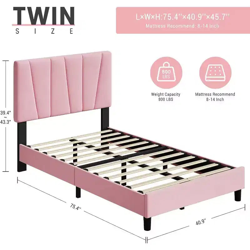 Pink Linen Upholstered Platform Bed Frame with Adjustable Headboard, Wooden Slat Mattress Foundation