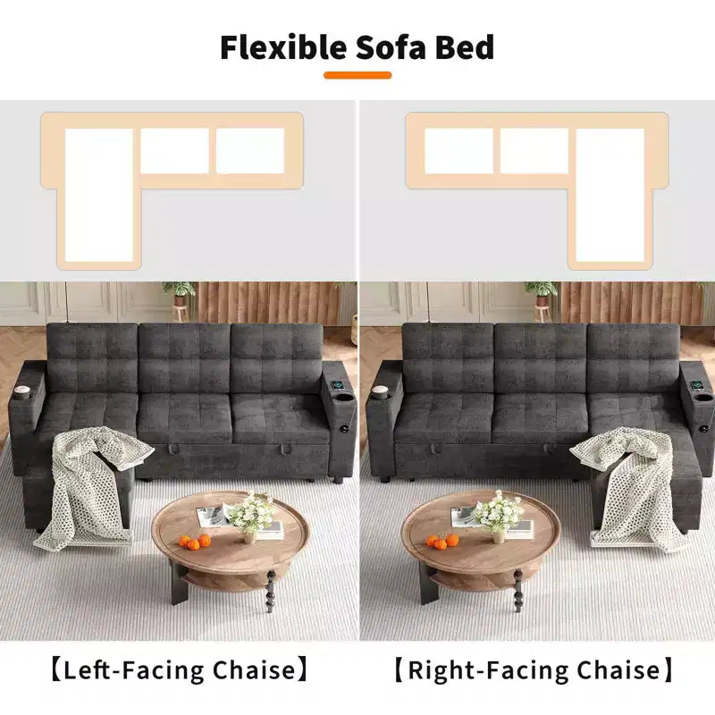 84 Sectional Sleeper Sofa with Storage Chaise & USB, Convertible L-Shaped Corduroy Couch for Living Room or Apartment, Dark Grey