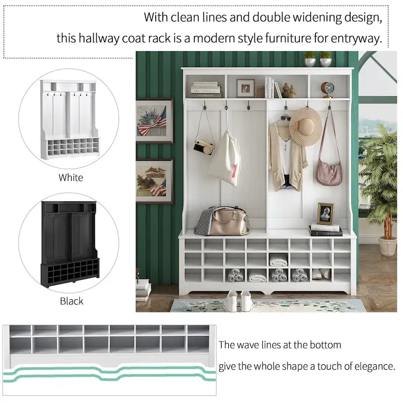 Hallway Coat Rack with Bench, 60-Inch Wide Hall Tree with Storage Shelves, 24 Shoe Cubbies and 6 Hooks, White