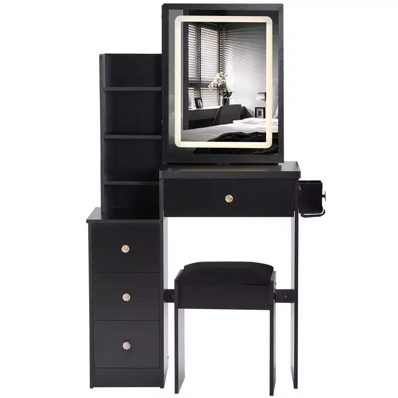 Okak 29.2IN Small Vanity Table with Cushioned Stool and Hair Dryer Stand, Makeup Vanity with Power Station and 3-Color Switch, Vanity Desk