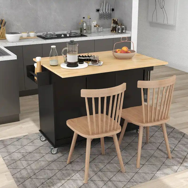 Rolling Kitchen Island with Drop Leaf Breakfast Bar Solid Wood Top 3 Drawers and Spice Rack