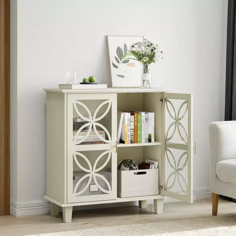32 Cream Accent Cabinet with Petal-Frame Glass Doors - Modern Retro Sideboard, Solid Wood Legs