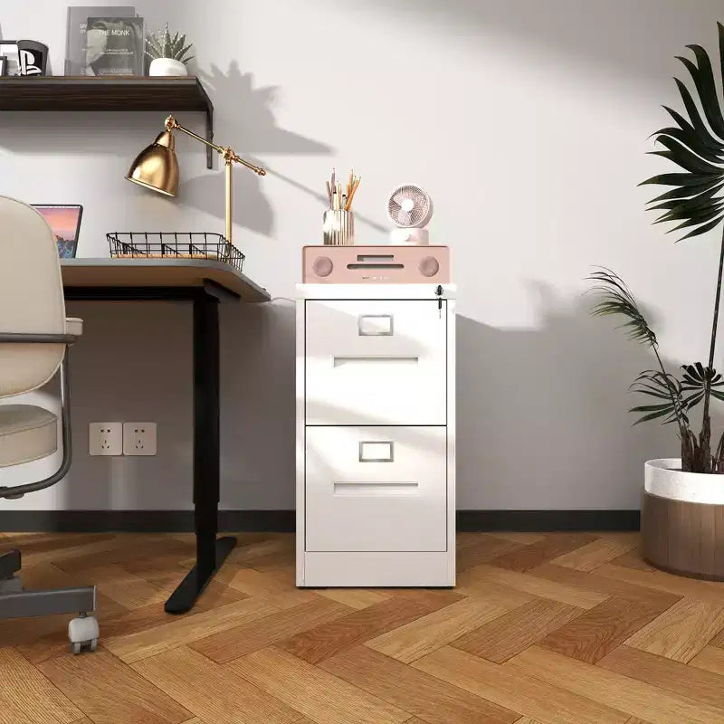 2-Drawer Narrow Metal File Cabinet with Lock – White