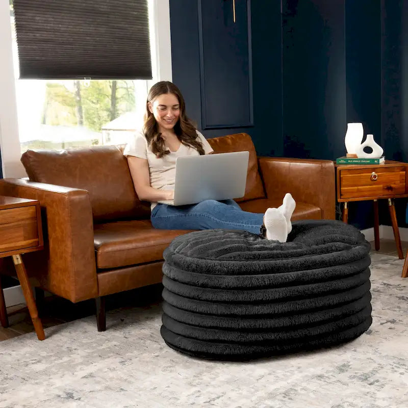 Large Ribbed Faux Fur Plush Pouf Ottoman, 35 Inch, Black
