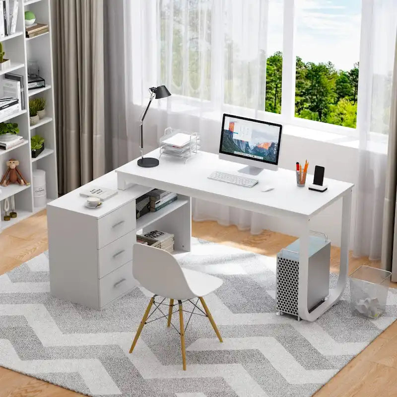 55-inch L Shaped Office Computer Desk with Drawers