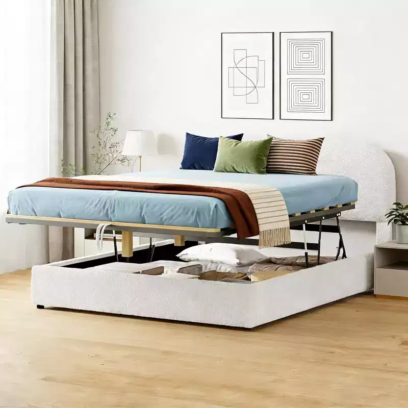 Queen Size Upholstered Bed With Lift Up Storage, White