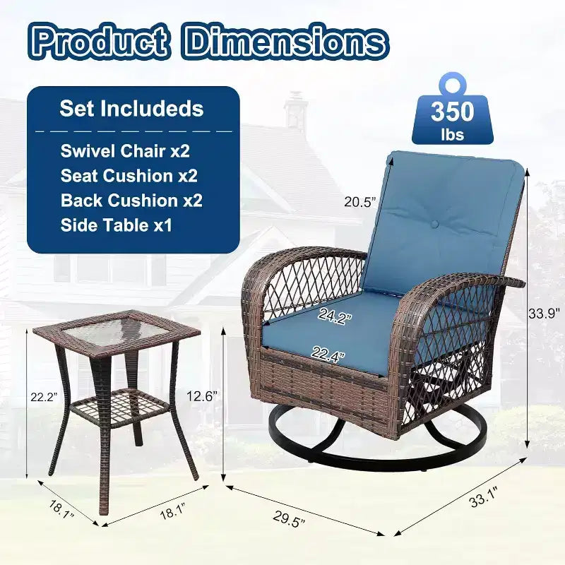 3 Pieces Outdoor Swivel Patio Rocking Chairs, Outdoor Wicker Patio Furniture, 2 Glider Chairs & Side Table, for Backyard, Garden, Balcony, Deck