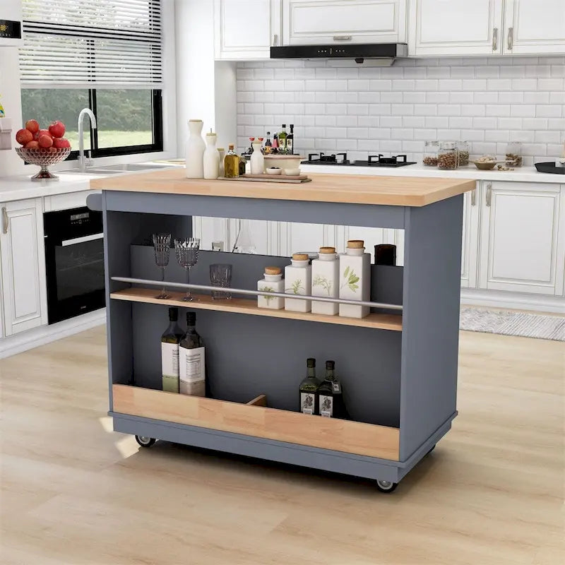 Double-Sided Rolling Kitchen Island Cart with Rubberwood Top 2 Drawers and Open Shelves