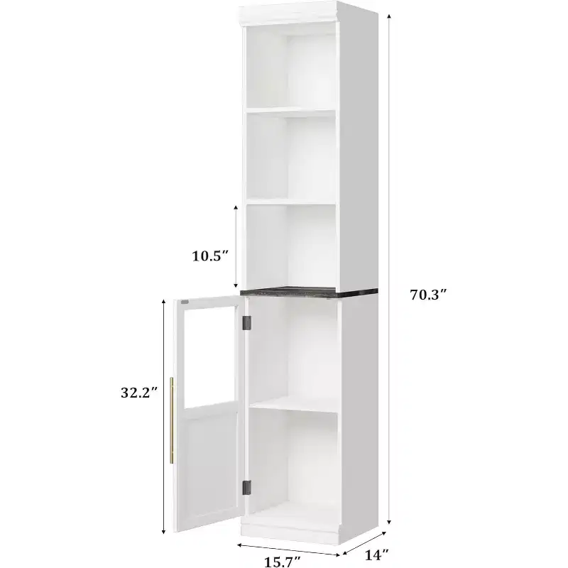 Slim bathroom cabinet with doors and open shelves, ideal for compact spaces. This tall, narrow floor-standing cabinet is suitable for kitchens
