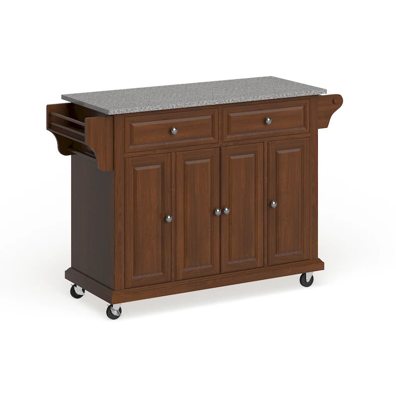 Cherry Rolling Kitchen Cart with Gray Granite Top 3 Cabinets 2 Drawers and Spice Rack