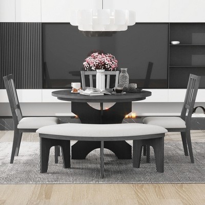 5-piece Rustic Charm Round Dining Set with 3 Upholstered Chairs and Curved Bench for Dining Room, Kitchen and Living room-ModernLuxe