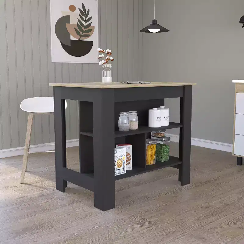 Minimalist Kitchen Island with 3 Large Storage Shelves & Countertop Organizer