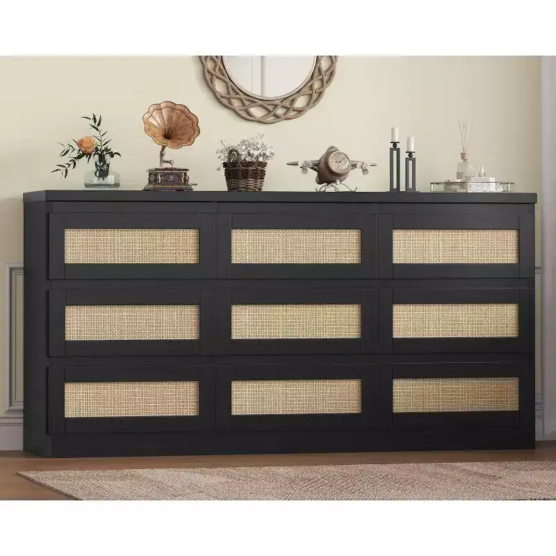 9 Drawer Dresser for Bedroom,63 Inch Long Dressers & Rattan Chest of Drawers,Boho Style,Modern Dresser for,Living Room,Entryway,Bedroom