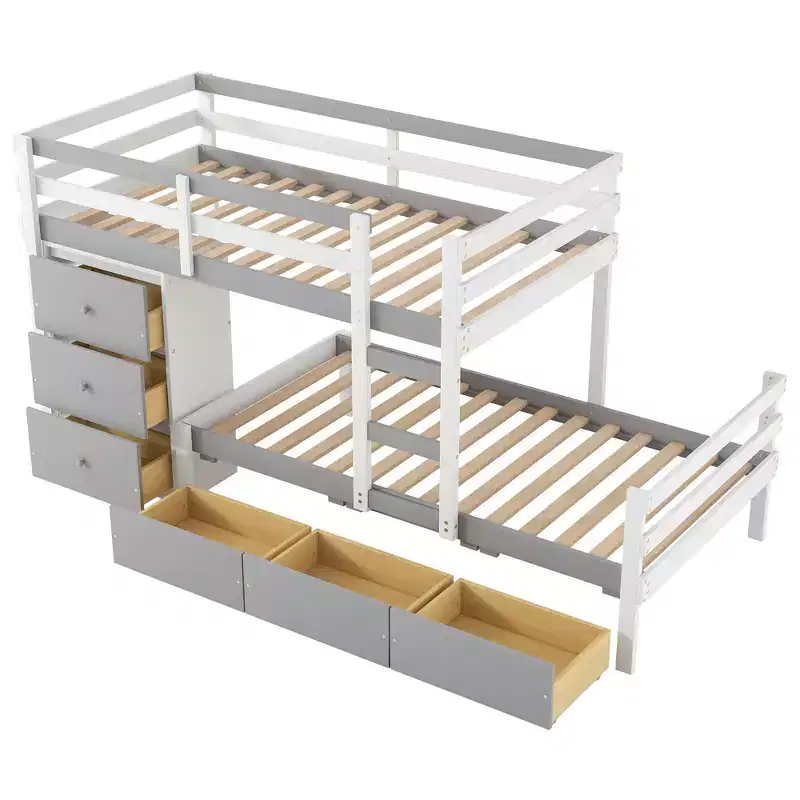 Twin over Twin Wooden Bunk Bed Frame with Drawers and Ladder -ModernLuxe