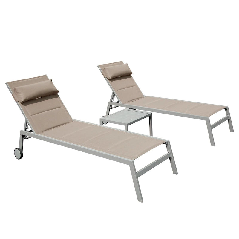 Outdoor Patio Chaise Lounge Set of 3,Aluminum Pool Lounge Chairs with Side Table and Wheels,Textilene Padded Adjustable Recliner