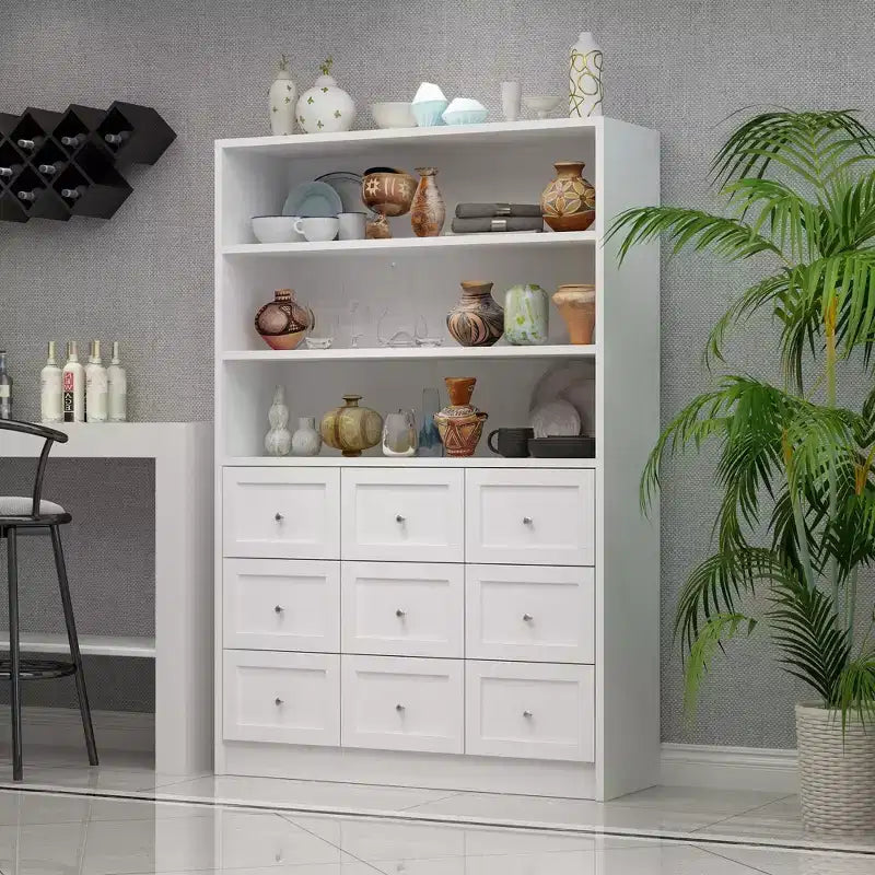 White Storage Dresser with 9 Drawers and Open Display Shelves