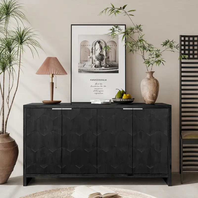 4-Door Wooden Sideboard Cabinet with Hexagonal Pattern Doors