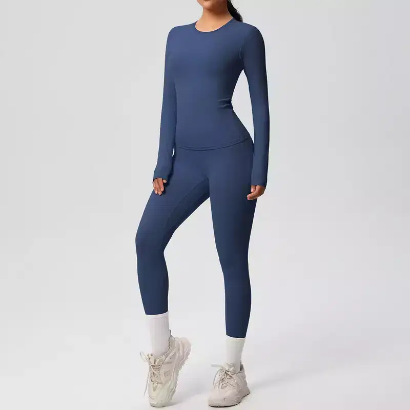 Anna-Kaci Active Women's Long Sleeve Crew Neck Top and High Waist Leggings Set with Slim Fit Design