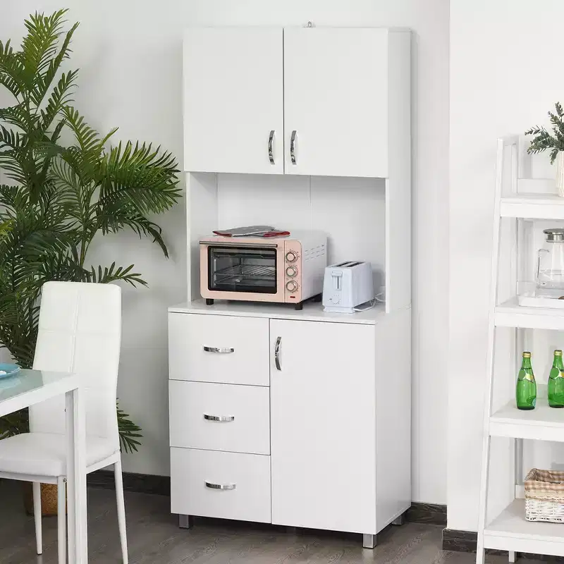 Freestanding Kitchen Buffet with Hutch Storage Organizer with 2 Door Cabinets, 3 Drawers and Open Countertop, Adjustable Shelf