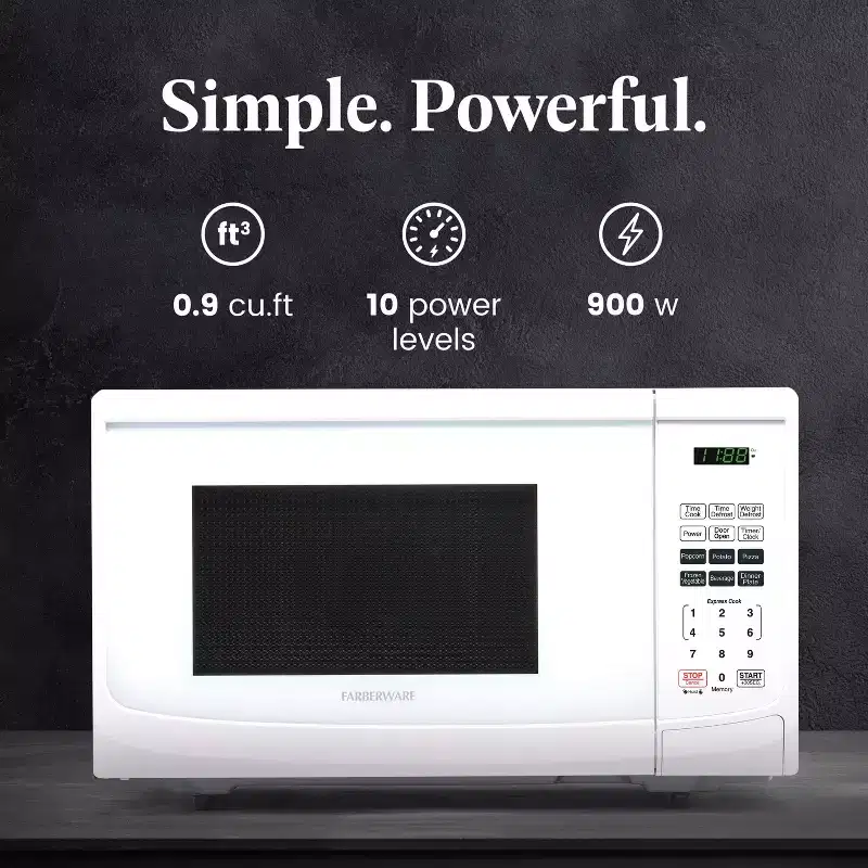 Farberware 900-Watt 0.9 Cu. Ft. Countertop Microwave Oven With LED Lighting and Child Lock, White