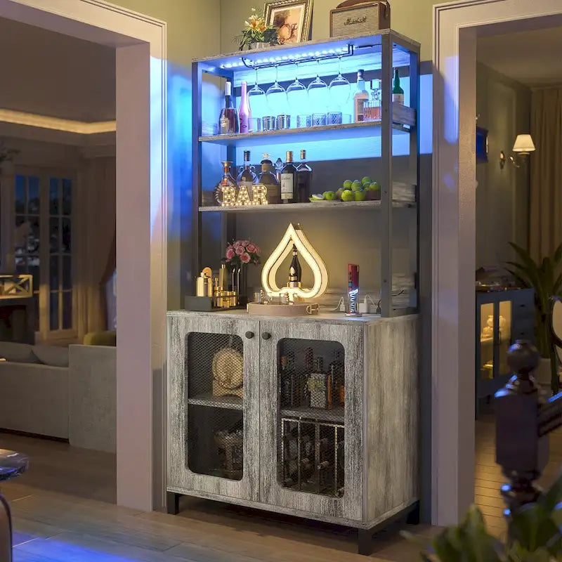 67-Inch Tall Wine Bar Cabinet with LED Lights, Glass Holder and Power Outlets