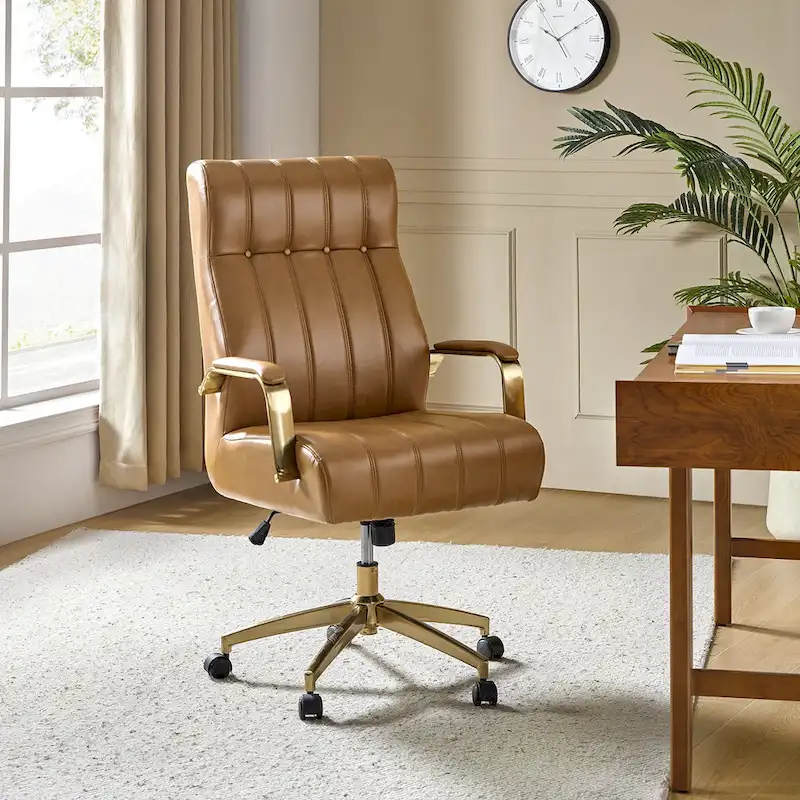 Mid-Century Modern Vegan Leather Swivel Tilting Office Chair with Channel Tufted and Metal Feet