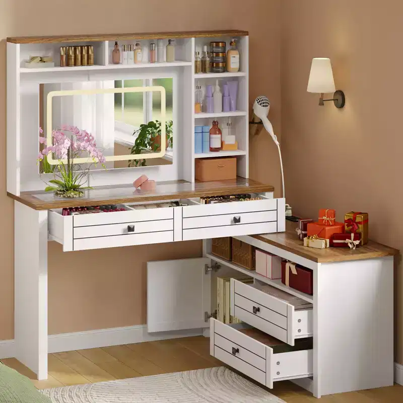 Vanity Mirror with Lights, Makeup Vanity Desk with 5 Drawers, 6 Open Storage Shelves, Large Extendable Dressing Table with Charging Station, Glass