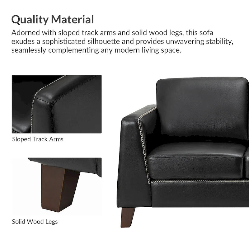 81.5 Inch Genuine Leather Tuxedo Arm Sofa with Solid Wood Legs