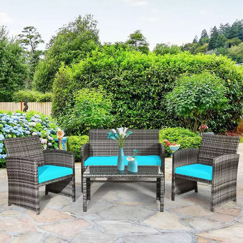 Costway 4PCS Patio Rattan Furniture Set Conversation Glass Table Top Cushioned