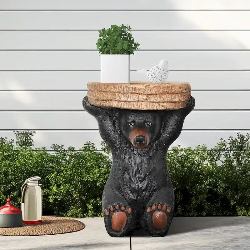 Black Bear Sculpture Pedestal Side Table Faux Wood Concrete Top Accent