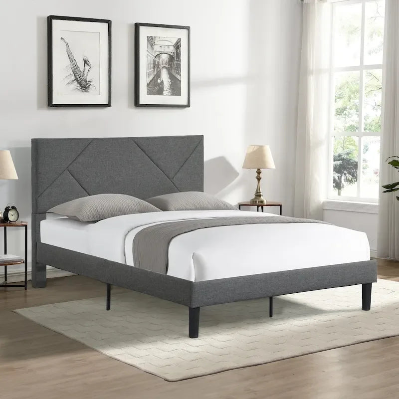 Grey Queen Size Upholstered Platform Bed with Wood Slat Support, 1-Person