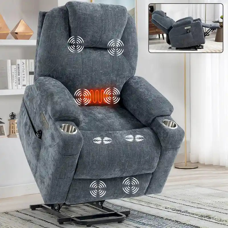Power Lift Recliner | 8-Point Massage | Lumbar Heat | Dual USB | Steel Cup Holders | Blue