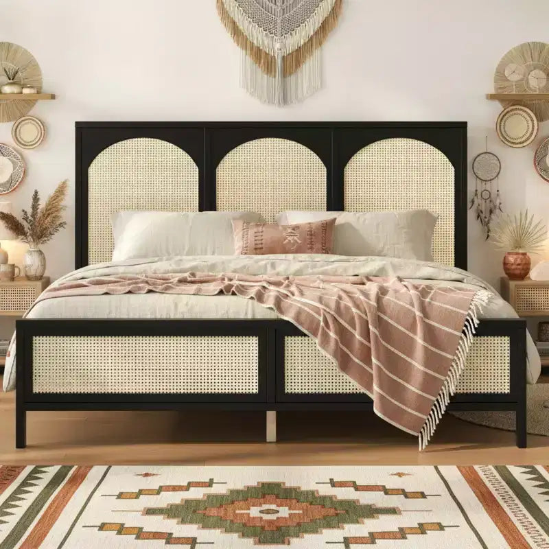 Wood Platform Bed with Arch Rattan Headboard