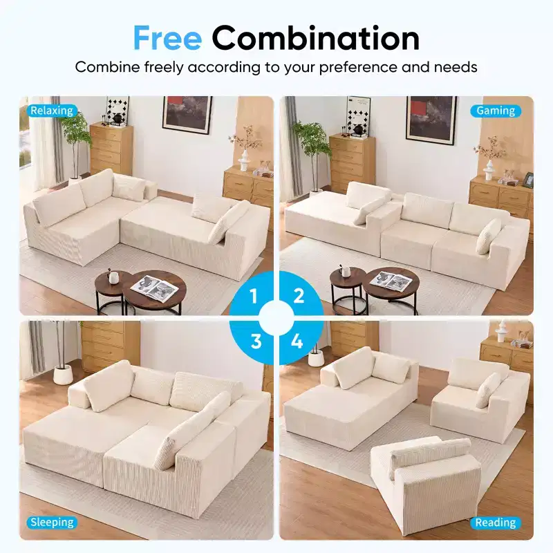 Mjkone 3-Pcs Free Combination Modular Sectional Sofas with Flexible Configuration,Corduroy Compressed L-Shaped Sofa with Chaise Lounge